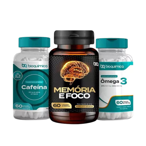 Kit Bioquímica Energia, Foco e Performance – Cafeína + Memória & Foco + Ômega 3 (60caps cada)